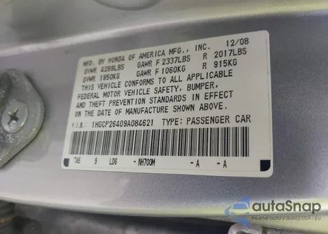2009 Honda Accord 2.4 Lx-P from USA, damaged, VIN 1HGCP26409A084621